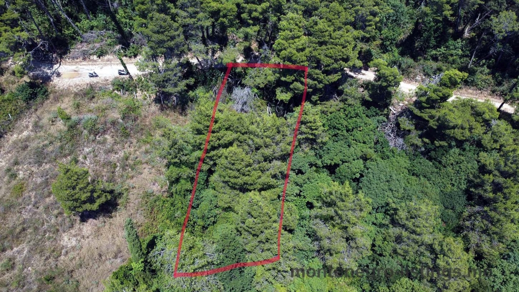 Prime rectangular land in Ulcinj, Montenegro, outlined in red, bordered by lush greenery and road—exclusive on montenegro-listings.me, a project of Ekosphere doo.