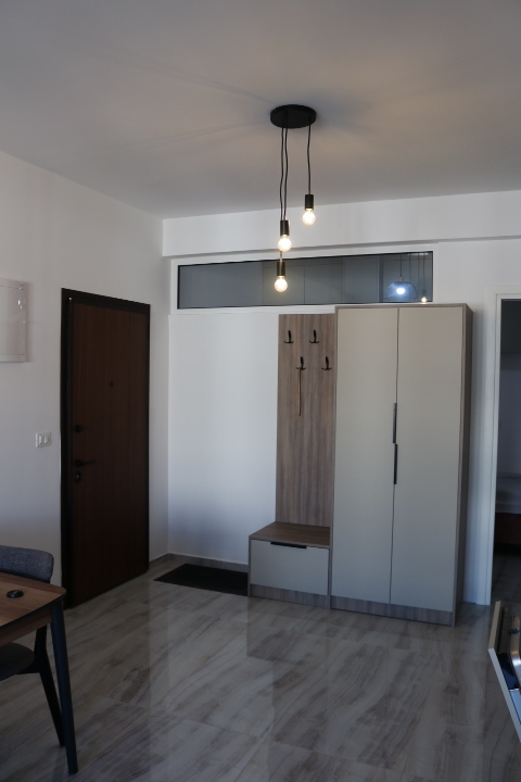 Stylish entryway in Ulcinj with modern wooden door, quality storage, and designer lighting—exclusive at montenegro-listings.me by ekosphere doo.