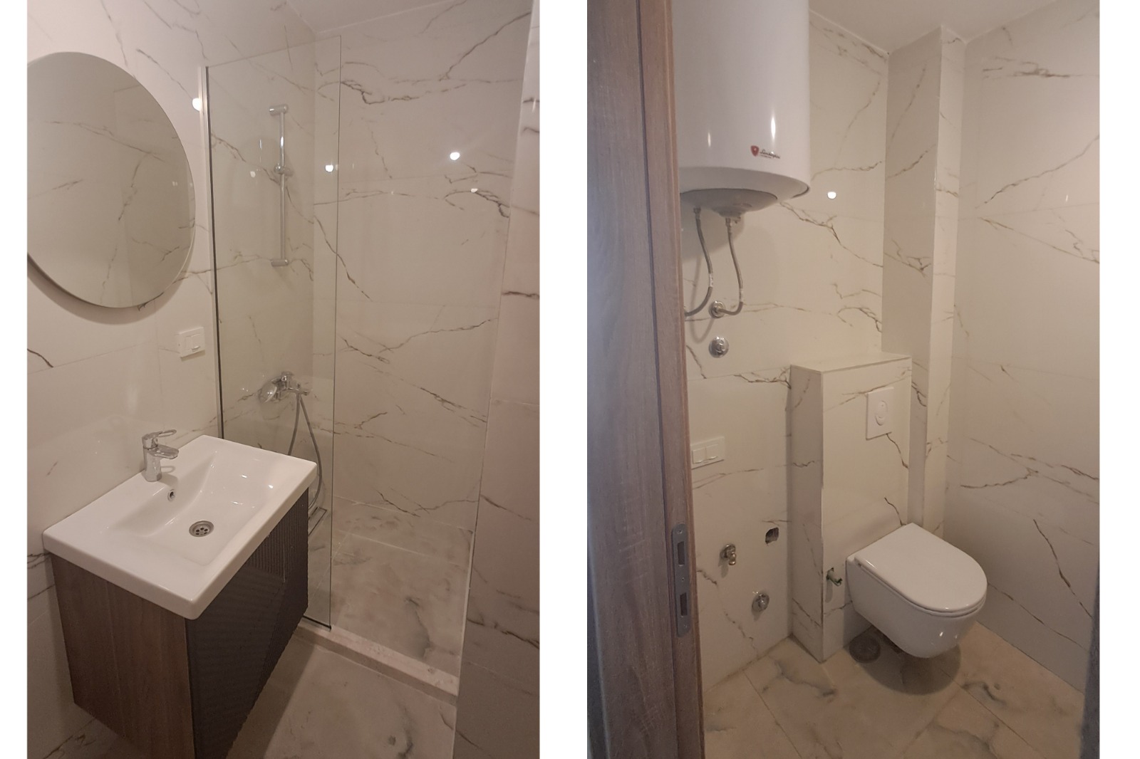 Stylish Ulcinj bathroom with marble tiles, modern walk-in shower, quality fixtures. Exclusively at montenegro-listings.me by Ekosphere DOO.