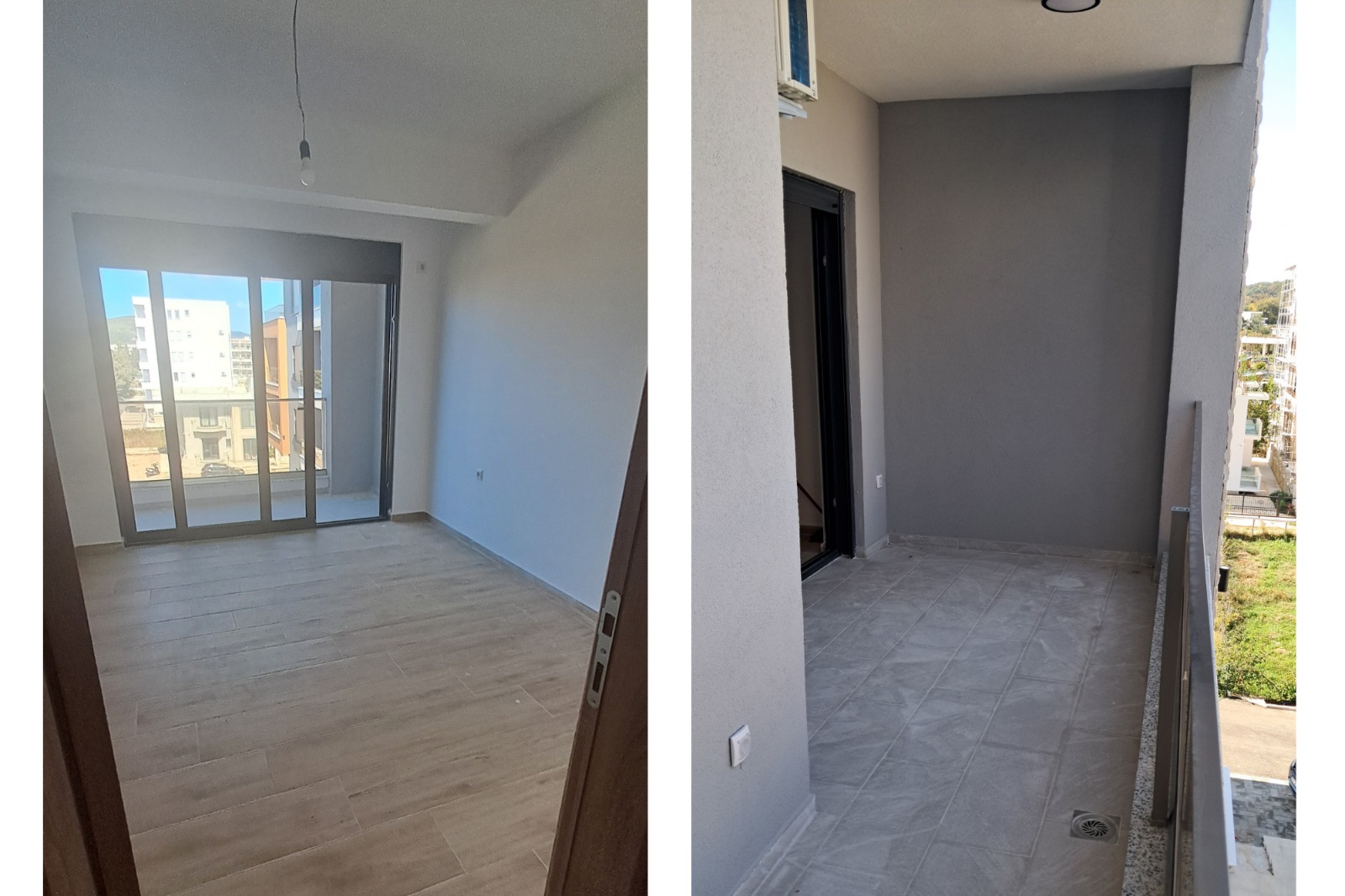 Modern Ulcinj apartment offers a bright, unfurnished room with wooden floors, large windows, and a tiled balcony boasting city views.