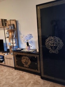 Sophisticated Ulcinj living room featuring luxury gold-accented cabinetry, bookshelf, TV; exclusive listing by montenegro-listings.me.