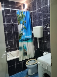 Modern compact bathroom in Ulcinj with stylish dark tiles, tropical shower curtain, washer, and essentials—exclusive at montenegro-listings.me.