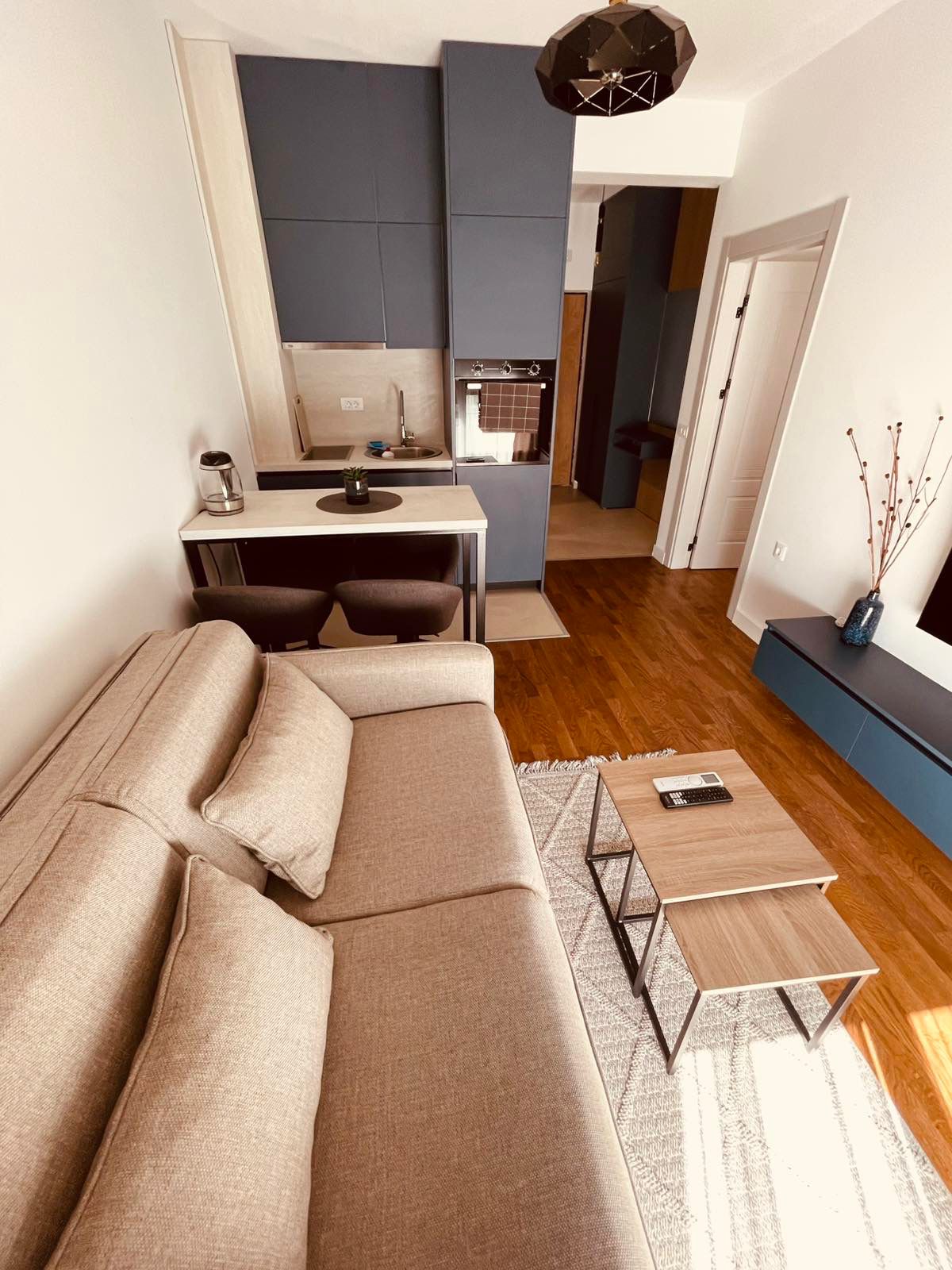 Stylish modern Ulcinj apartment: beige sofa, blue kitchen, parquet floors. Prime real estate at montenegro-listings.me by ekosphere doo.