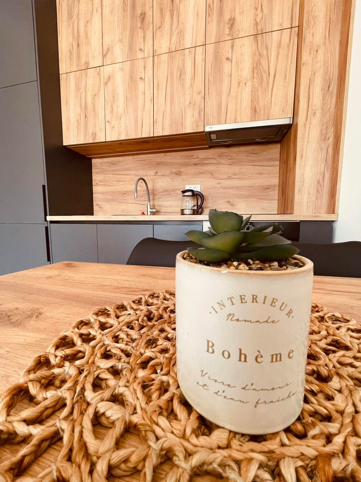 Stylish Ulcinj home for sale: modern kitchen with wood cabinets, quality finishes. Exclusive at montenegro-listings.me by ekosphere doo.