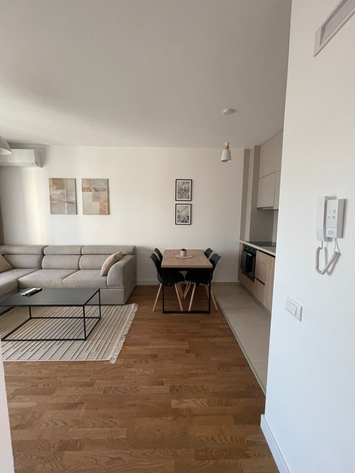 Stylish Ulcinj apartment: light gray sectional, sleek black accents, modern kitchen. Prime investment via montenegro-listings.me by ekosphere doo.
