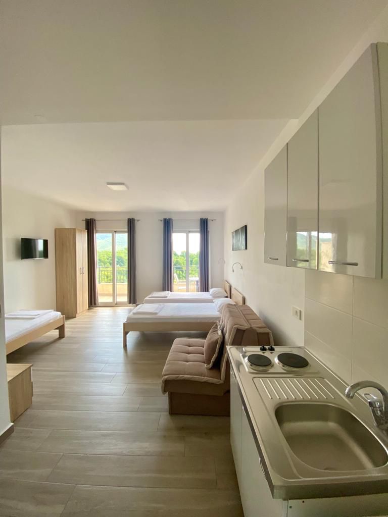 Modern Ulcinj studio with kitchenette, stylish furnishings, large windows, and serene green views&mdash;ideal Montenegro investment by ekosphere doo.