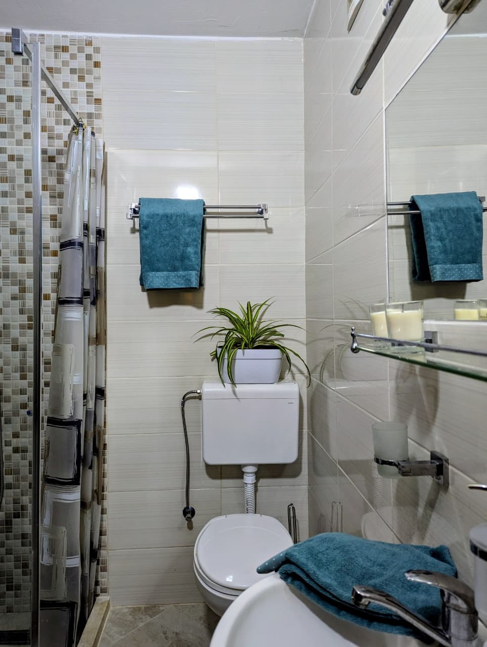 Modern bathroom with shower, sleek fixtures, glass shelves, and stylish accents&mdash;ideal Ulcinj property on montenegro-listings.me by ekosphere doo.