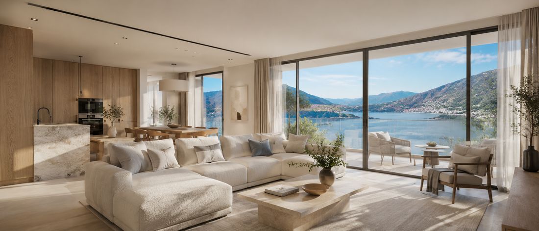 Modern apartment in Montenegro with an open-plan living area and panoramic Adriatic coast views