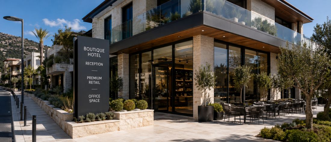 Modern commercial property in Montenegro with a glass frontage, retail space, offices and outdoor seating