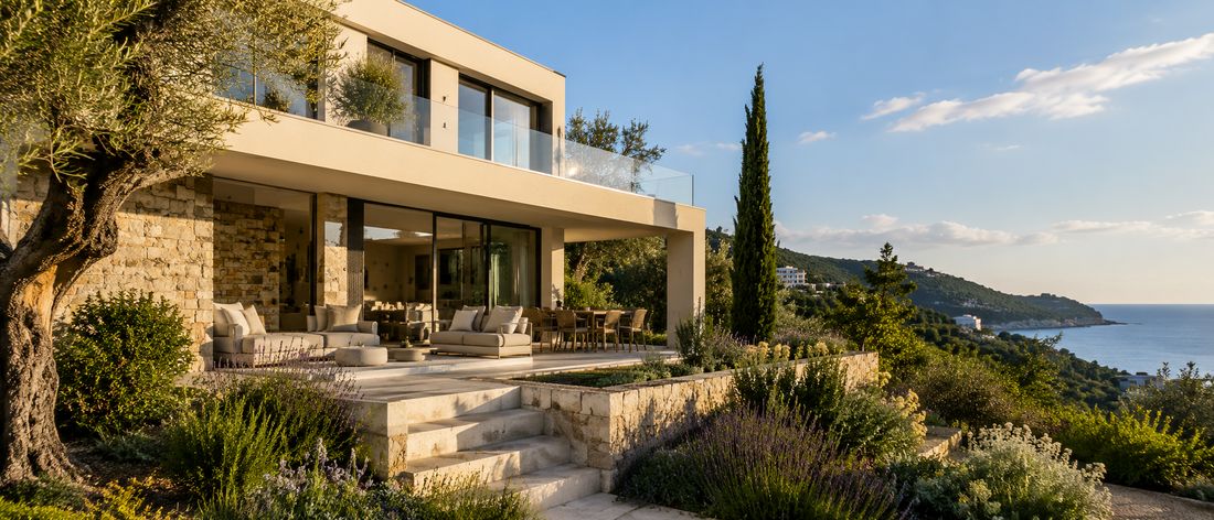 Mediterranean family house in the hills of Ulcinj with a natural stone facade and landscaped garden