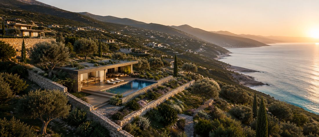 Elevated development land in southern Montenegro with olive trees and panoramic Adriatic Sea views