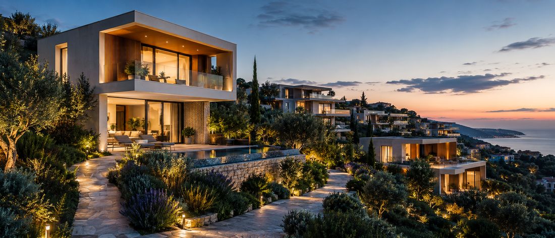 Contemporary residential development in Montenegro with terraces, glass balconies and Mediterranean landscaping