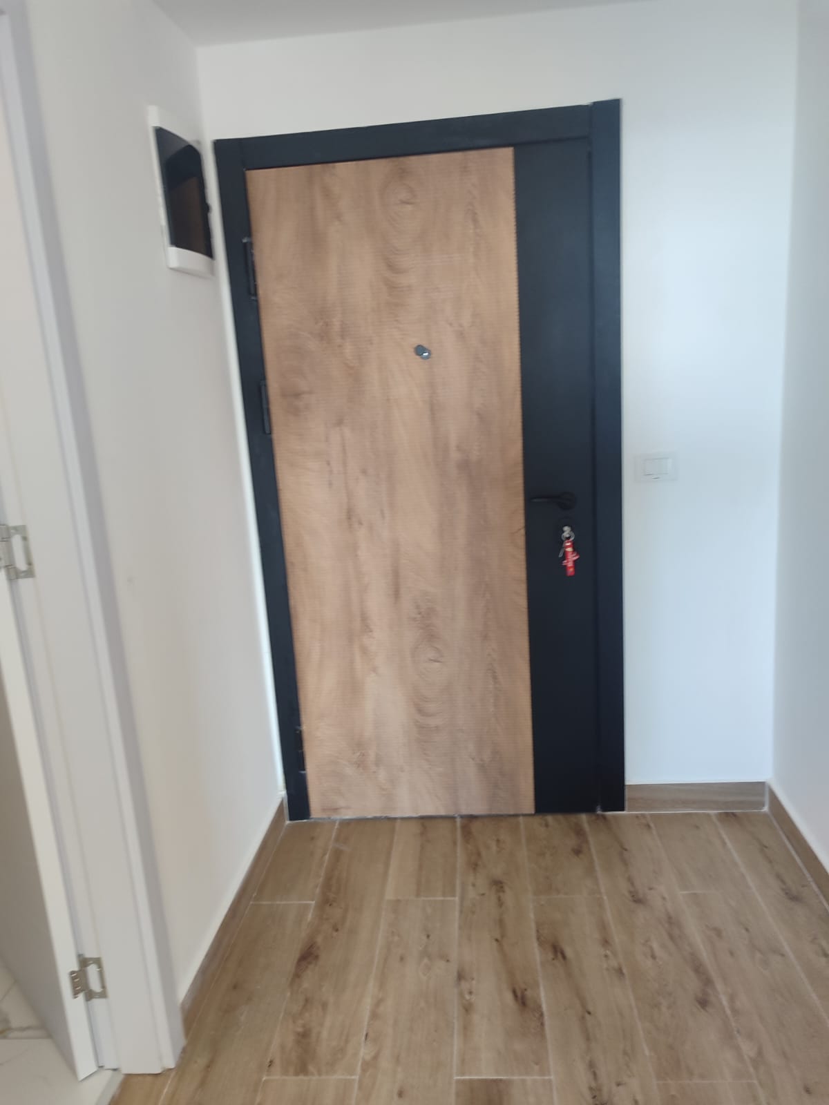 Showcasing a modern entryway in Ulcinj, Montenegro, this property features a stylish closed wooden door framed in sleek black, complemented by elegant wood-patterned tile flooring. The pristine white walls and an adjacent open white door add to the bright, spacious ambiance – ideal for buyers seeking contemporary living or prime real estate investment opportunities. Explore premium homes like this on montenegro-listings.me, a trusted project by ekosphere doo in Ulcinj.