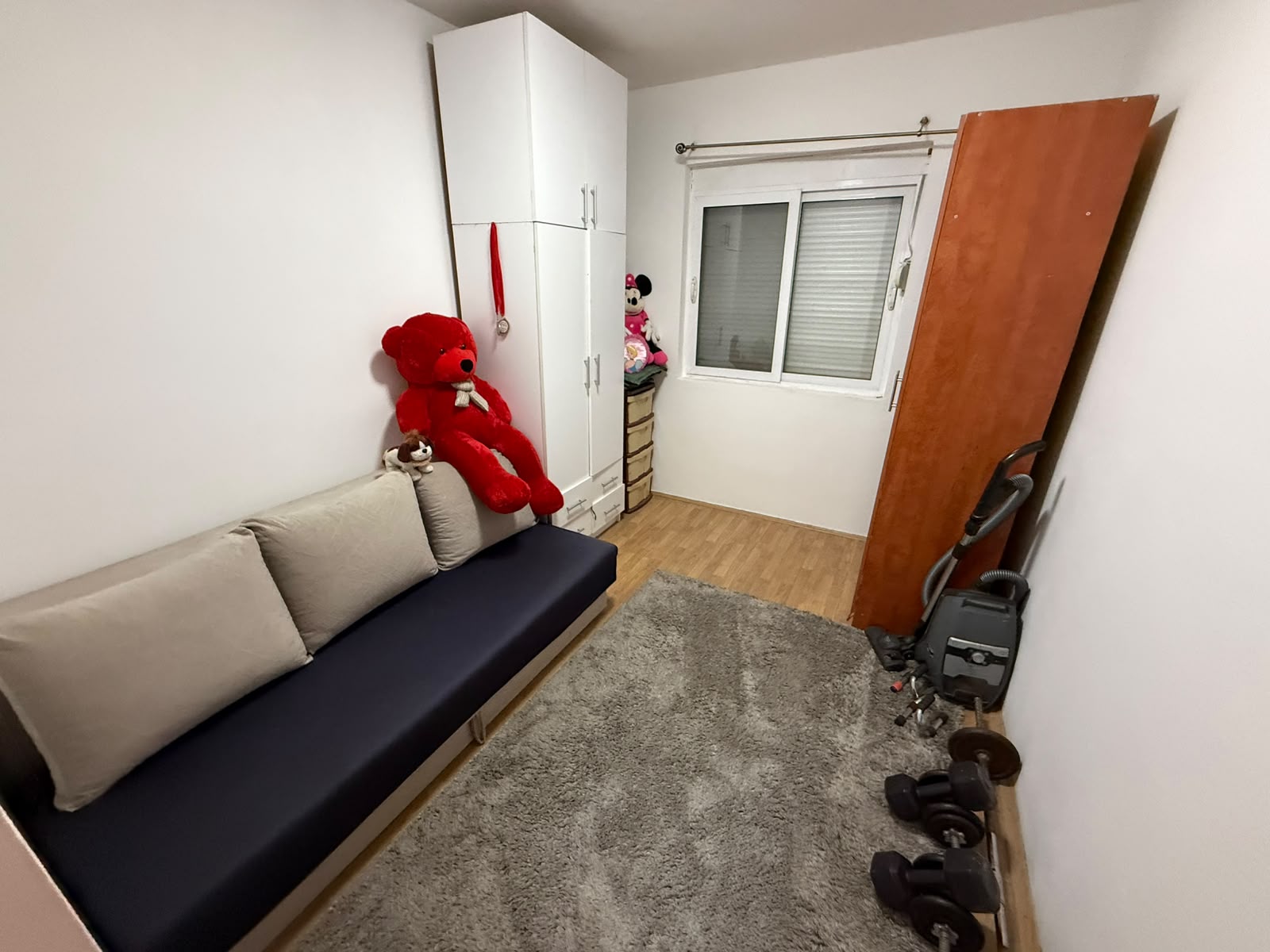 Charming, well-lit small room in Ulcinj, Montenegro featuring a modern sofa, sleek white cabinet, and pristine hardwood floors—perfect for families or investors seeking comfort and practicality. The space is complemented by a soft gray rug, ample storage options, and large window with privacy blinds. Thoughtful details include a playful touch with stuffed animals and red teddy bear, while fitness enthusiasts will appreciate in-room dumbbells. This property offers both style and functionality within white-walled interiors. An excellent investment opportunity listed on montenegro-listings.me—a project of ekosphere doo in Ulcinj—ideal for the Montenegro real estate market.